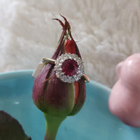 Platinum & 18k gold Vintage halo Ruby & diamond Ring