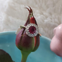 Platinum & 18k gold Vintage halo Ruby & diamond Ring