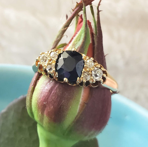 18ct gold blue sapphire & mine cut diamond Edwardian Ring