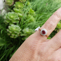 Platinum & 18k gold Vintage halo Ruby & diamond Ring