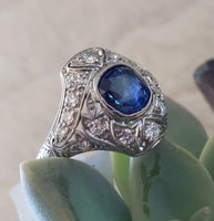 Platinum Art Deco c.20s filigree blue sapphire ring