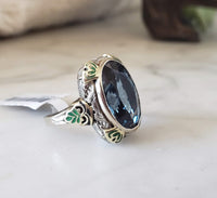 14k gold Deco enamel & blue spinel filigree ring