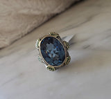 14k gold Deco enamel & blue spinel filigree ring