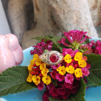 18k gold two tone vintage Deco Ruby filigree ring