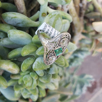 Platinum Emerald & Diamond estate filigree glove shield ring