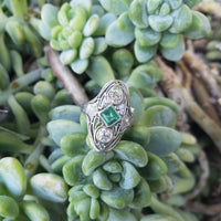 Platinum Emerald & Diamond estate filigree glove shield ring
