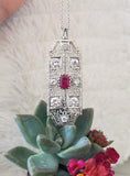 14k white gold c.20s filigree ruby & diamond necklace pin pendant