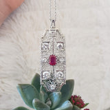 14k white gold c.20s filigree ruby & diamond necklace pin pendant