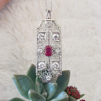 14k white gold c.20s filigree ruby & diamond necklace pin pendant