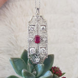 14k white gold c.20s filigree ruby & diamond necklace pin pendant