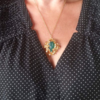 14k gold Nouveau brooch pendant - carved chrysoprase lady with floral headdress