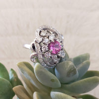 14k white Pink Sapphire & Diamond estate flower Ring