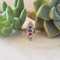 10k gold Victorian ruby blue sapphire & rose cut diamond navette ring - red white & blue