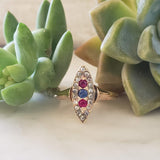 10k gold Victorian ruby blue sapphire & rose cut diamond navette ring - red white & blue