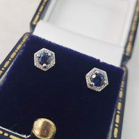 14k white gold blue sapphire and diamond halo studs