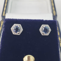 14k white gold blue sapphire and diamond halo studs