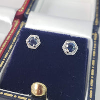 14k white gold blue sapphire and diamond halo studs