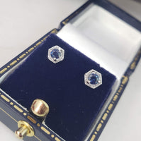 14k white gold blue sapphire and diamond halo studs