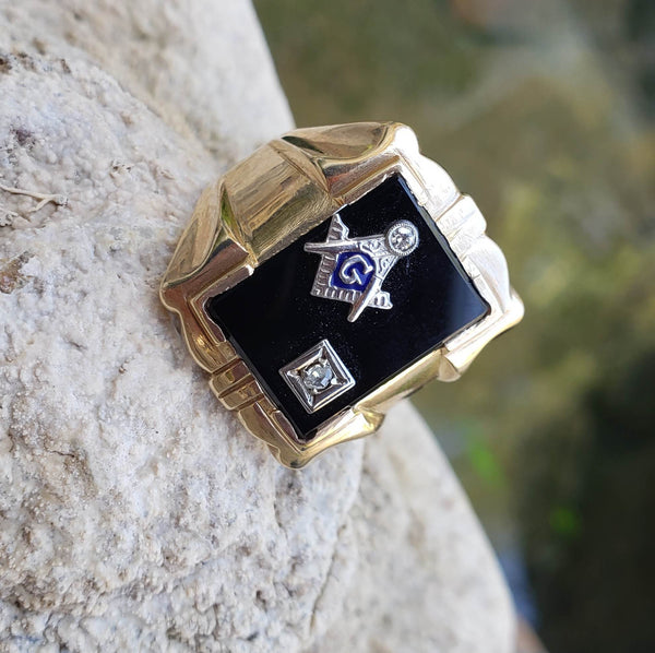 Black Onyx Masonic Vintage Masonic Rings With Diamond 10k Gold