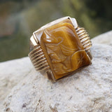 10k gold two tone Deco carved Tiger's eye trojan warrior estate men's ring