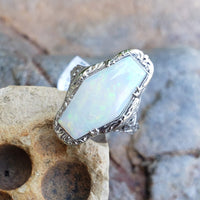 14k white gold filigree c.20s opal ring
