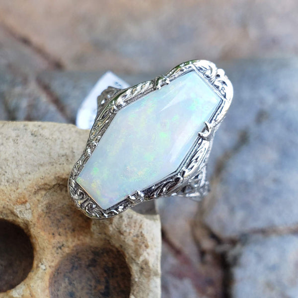 14k white gold filigree c.20s opal ring