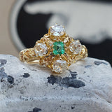 18k gold Emerald & old mine cut Diamond estate Victorian ring