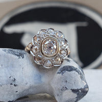 Platinum & 14k Edwardian mine & rose cut diamond halo Ring