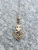 14k gold two tone Deco c.20s sapphire & diamond necklace pendant