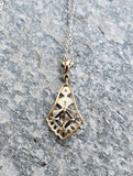 14k gold two tone Deco c.20s sapphire & diamond necklace pendant