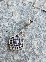 14k gold two tone Deco c.20s sapphire & diamond necklace pendant