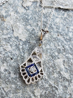 14k gold two tone Deco c.20s sapphire & diamond necklace pendant