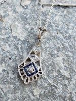 14k gold two tone Deco c.20s sapphire & diamond necklace pendant