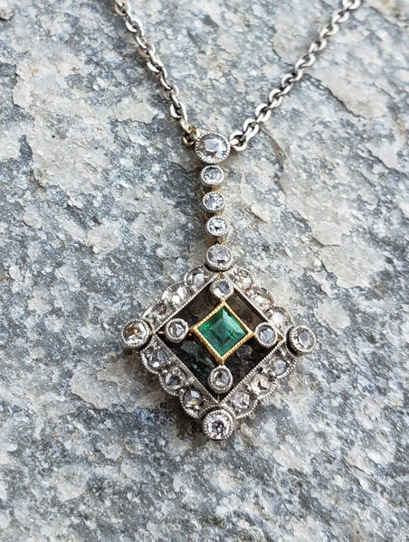 platinum top & 14k gold Deco c.1900 emerald & diamond necklace pendant