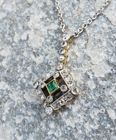 platinum top & 14k gold Deco c.1900 emerald & diamond necklace pendant