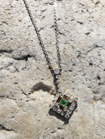 platinum top & 14k gold Deco c.1900 emerald & diamond necklace pendant