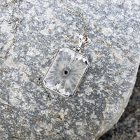 14k white gold Deco c.20's etched quartz crystal diamond enamel pendant necklace