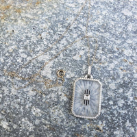 14k white gold Deco c.20's etched quartz crystal diamond enamel pendant necklace
