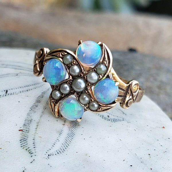 10k gold Victorian opal & seed pearl ring