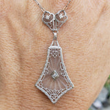 14k white gold Deco c.20's etched quartz crystal diamond pendant necklace