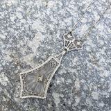14k white gold Deco c.20's etched quartz crystal diamond pendant necklace