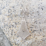 14k white gold Deco c.20's etched quartz crystal diamond pendant necklace