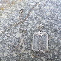 14k white gold Deco c.20's etched quartz crystal diamond pendant necklace