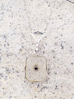 14k white gold Deco c.20's etched quartz crystal diamond pendant necklace