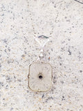 14k white gold Deco c.20's etched quartz crystal diamond pendant necklace