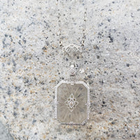 14k white gold Deco c.20's etched quartz crystal diamond pendant necklace