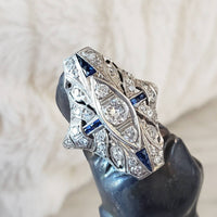 Platinum Diamond & Sapphire estate Art Deco c.20's filigree glove shield Ring