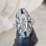 Platinum Diamond & Sapphire estate Art Deco c.20's filigree glove shield Ring