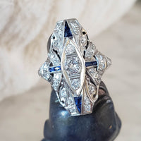 Platinum Diamond & Sapphire estate Art Deco c.20's filigree glove shield Ring