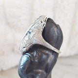 Platinum Diamond & Sapphire estate Art Deco c.20's filigree glove shield Ring